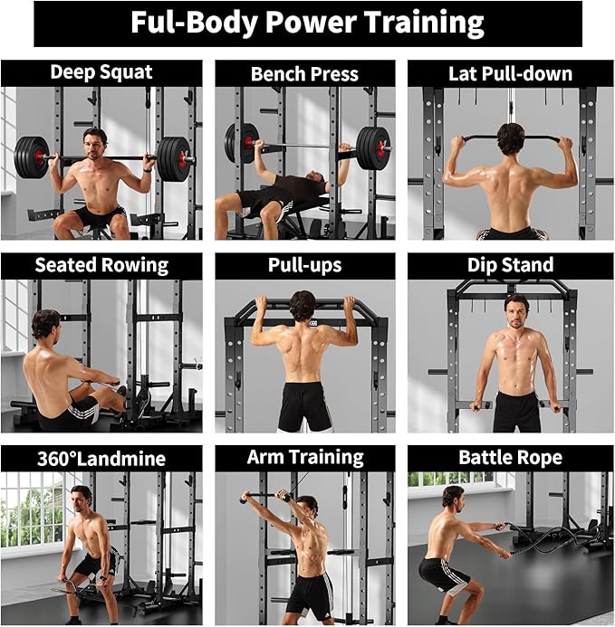 JEEKEE Power Cage,2000lbs Multi-Function Squat Rack, 2000lbs Power Rack with Cable Crossover System and 20+ Attachments