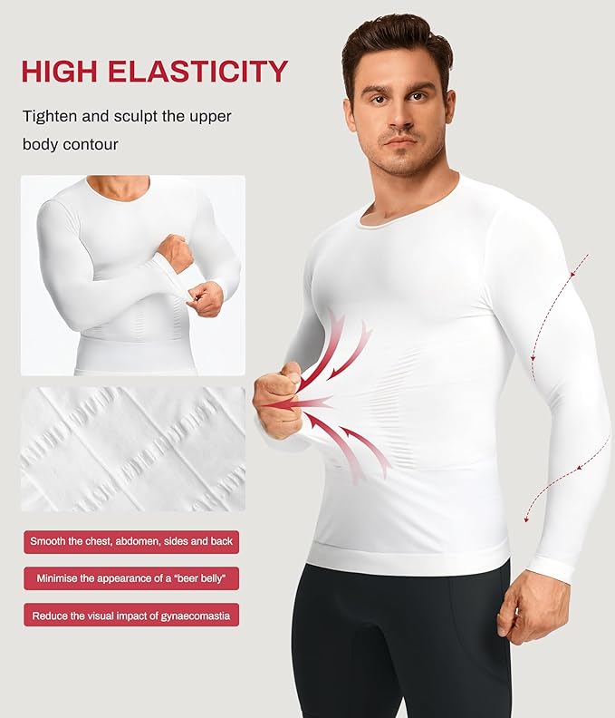 Nebility Shapewear Men Long Sleeve Compression Shirt - Slimming Body Shaper Tummy Control Workout Tank Top Undershirt
