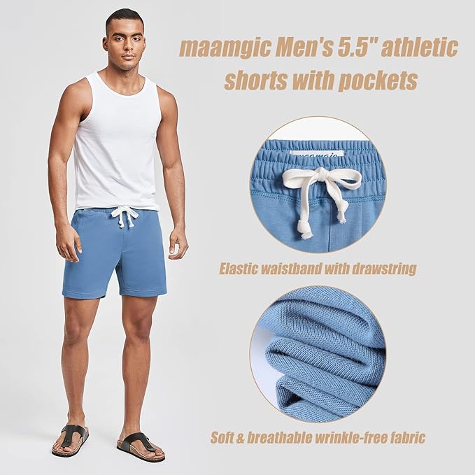 maamgic Mens Athletic Gym Shorts 5.5" Elastic Waist Casual Pajama Pocket Jogger Men Workout Short Pants