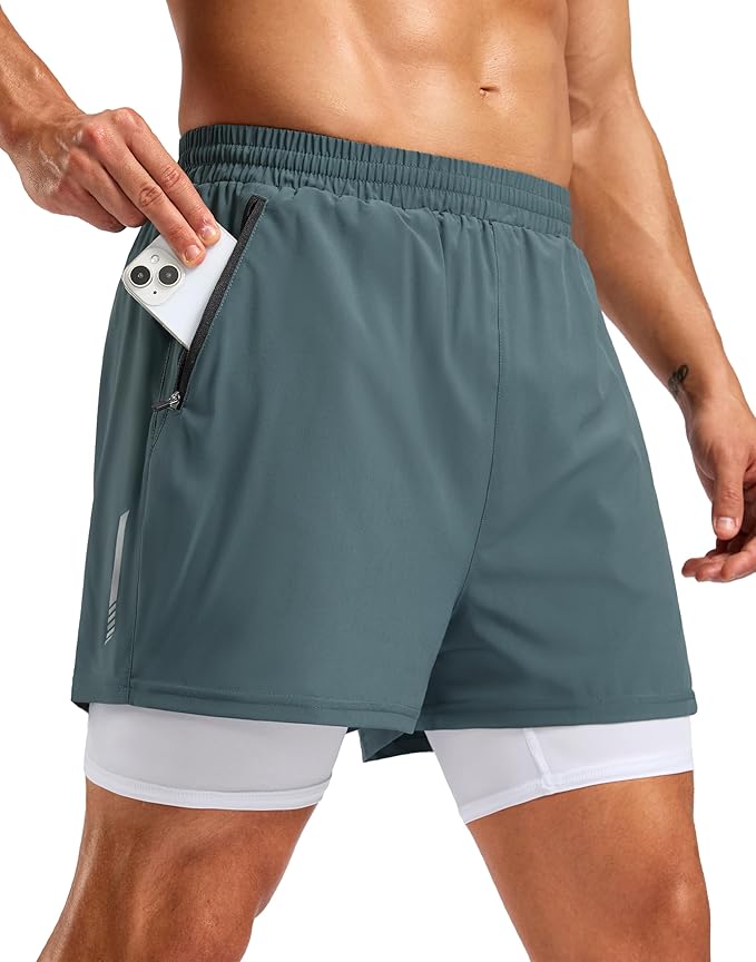 Pudolla Men's 7" Running Shorts with Zipper Pockets Quick Dry 2 in 1 Workout Gym Shorts with Liner for Tennis Yoga Training