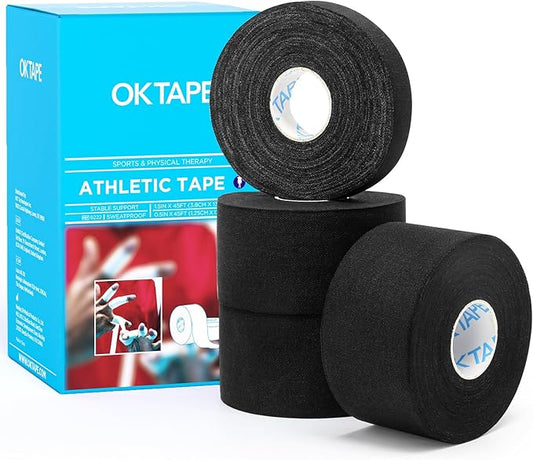 OK TAPE Athletic Tape Finger Tape, Extra Strong Adhesive Sports Tape for Weightlifting, Climbing, Basketball, Volleyball, Black 3 Rolls 1.5" x 15yds and 1 Roll 0.5in x 15yds