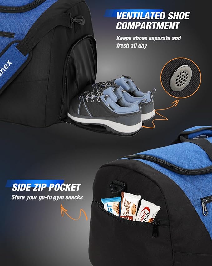 Gonex Gym Duffel Bag with Shoe Compartment Wet Pocket, Large Capacity Sports Duffle Bag for Men Women, Workout & Travel Bag with Multiple Pockets, Black/Blue, Large (100L)