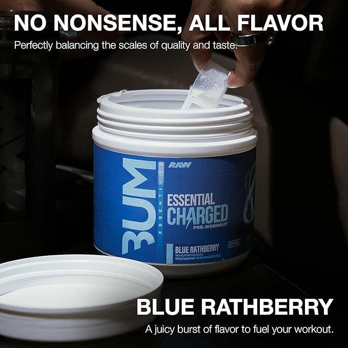 RAW Pre-Workout Powder, Essential CHARGED (Blue Rathberry) - Preworkout Supplement for Men & Women - Supports Focus, Mood, & Performance - Caffeine, Alpha-GPC, L-Citrulline, Beta Alanine (25 Servings)