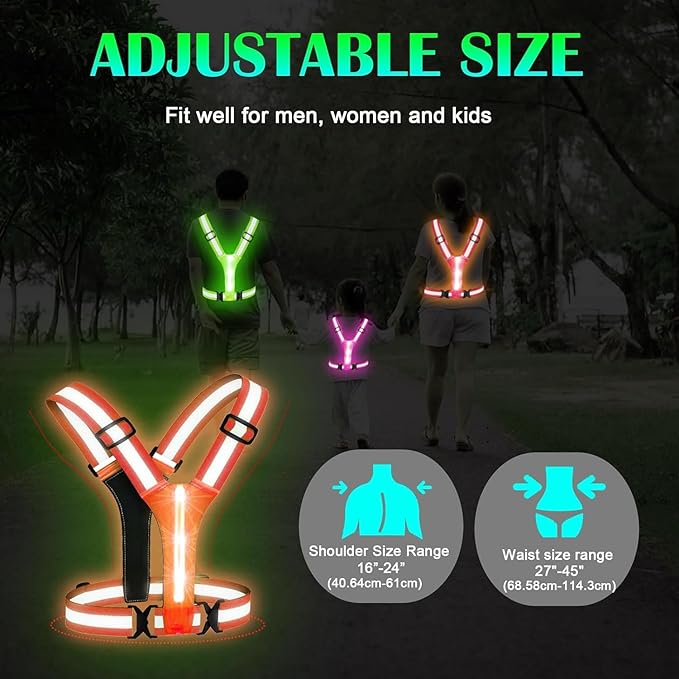 Simket Led Reflective Vest Running Gear, High Visibility Reflective Running Gear Rechargeable Adjustable Led Running Vest, Safety Night Running Gear for Men Women