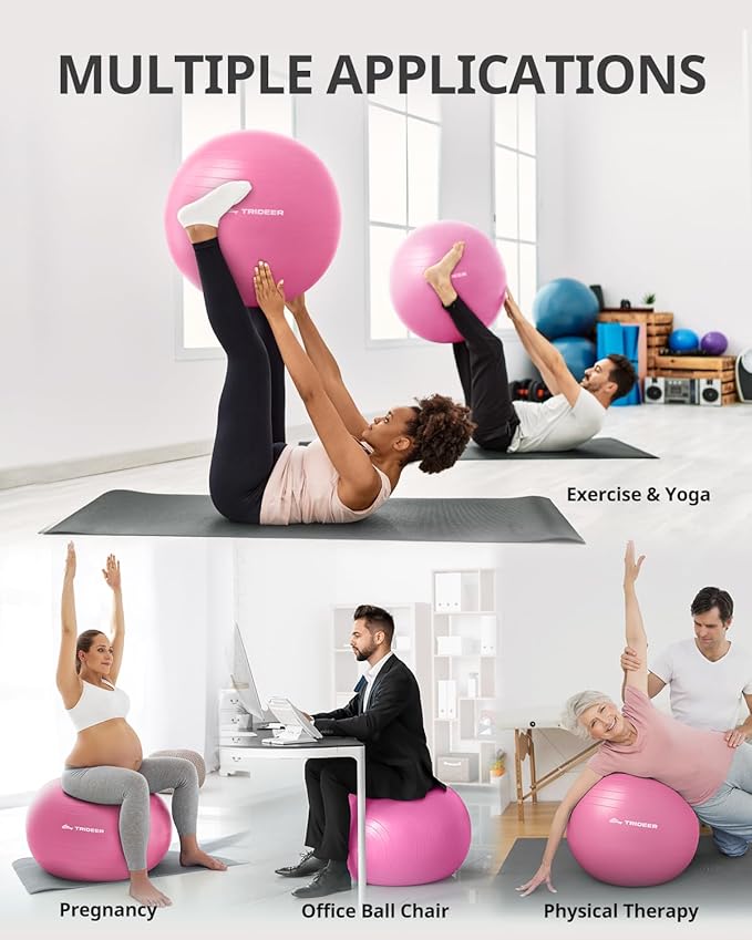 Trideer Extra Thick Yoga Ball Exercise Ball, 5 Sizes Gym Ball, Heavy Duty Ball Chair for Balance, Stability, Pregnancy, Quick Pump Included
