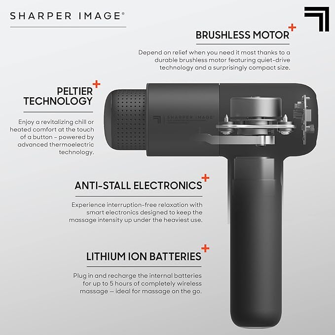 Sharper Image® Powerboost® Pro+ Hot & Cold Deep Tissue Massage Gun - 6 Speeds, 6 Attachments, 5-Hour Battery, Travel Case, Charging Base, Shoulder & Back Massager, Pain Relief Tool, FSA Eligible