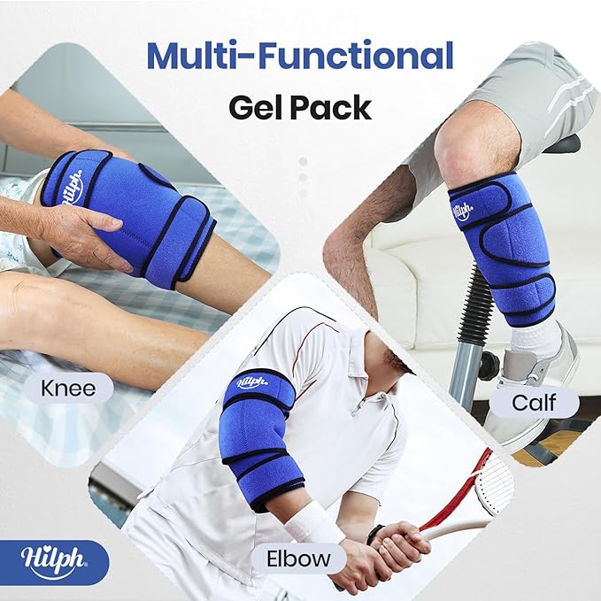 Hilph Knee Ice Pack Wrap, Reusable Adjustable Brace with 2 Gel Hot Cold Packs Around Entire Knee for Pain Relief, Replacement Surgery & Meniscus Tear, ACL, Arthritis, Swelling, Blue