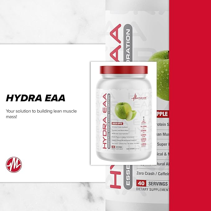Metabolic Nutrition Hydra EAA, 1000g of Essential Amino Acids + Hydration, EAAs, BCAAs, Glutamine, Electorlytes, Coconut Water & Glycerol, Amazing Flavors (Fruit Punch, 1000g)