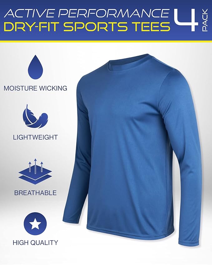 iXtreme Mens Athletic Shirts - 4 Pack Moisture Wicking Long Sleeve Dri Fit Shirts for Men - Workout Tops & Activewear (S-3X)