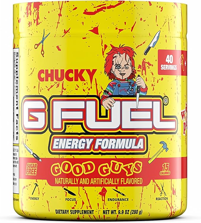 G Fuel Chucky Good Guys Energy Drink Powder, Pre Workout Caffeine Mix for Gaming, Sugar Free Focus Amino, Vitamin + Antioxidants, 9.9oz (Tropical Blood Orange, 40 Servings)