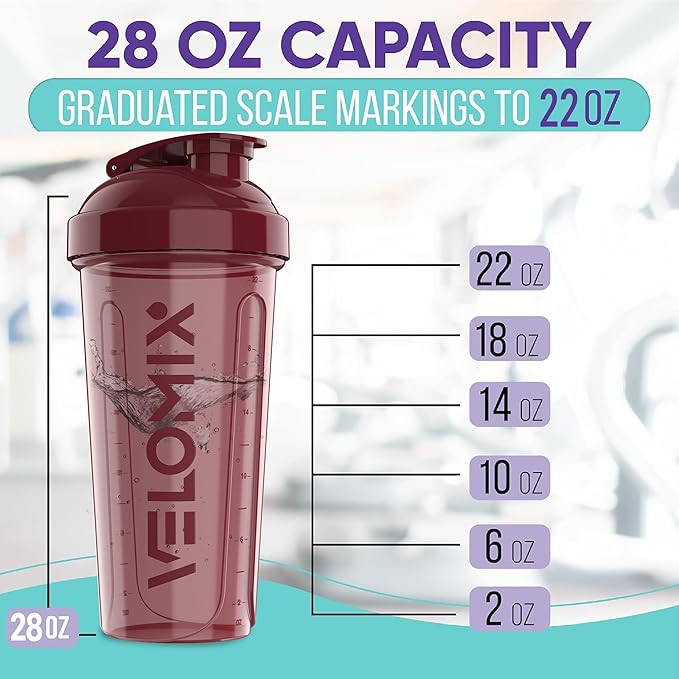 VELOMIX -4 PACK- 28 oz Protein Shaker Bottle for Protein Mixes - 4x Wire Whisk | Leak Proof Shaker Cups for Protein Shakes | Protein Shaker Bottle Pack | Protein Shake Cup (Burgundy Pack)