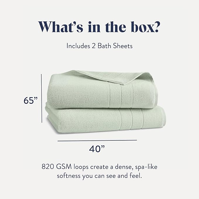 Brooklinen Super-Plush Turkish Cotton Bath Sheets Set of 2 Cotton, 820 GSM, Highly Absorbent, Machine Washable, Perfect for Home & Bathroom (40" x 65", Aloe Green)