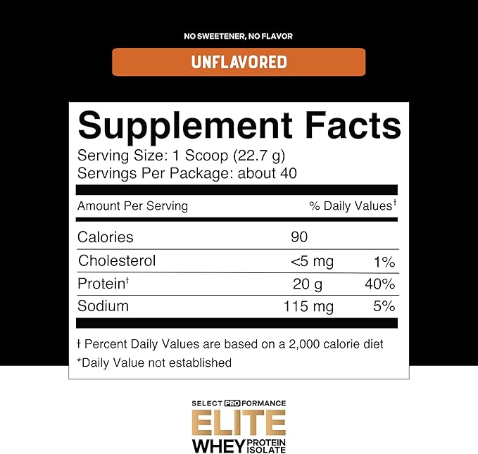 Silver Star Nutrition Select Proformance Elite Whey Protein Isolate Powder, Unflavored, NSF Certified, No Added Sugar, 20g of Protein per Serving, 40 Servings, 2 Lbs