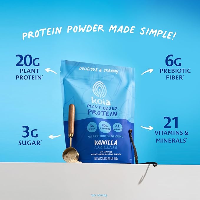 Koia Plant Based Protein Powder, Vanilla, 20g Protein, 3g Sugar, 6g Prebiotic Fiber, Pre & Post Workout, 21 Vitamins & Minerals, No Seed Oils, Dairy-Free, Gluten-Free, Non-GMO, 20 Servings, 28.2 Oz