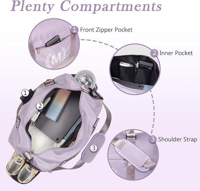 Gym Bag for Women, Personalized Duffle Bag with Shoe Compartment, for Yoga & Dance with Wet Pocket and Mat Strap.