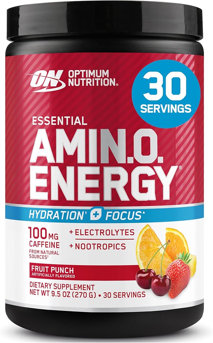 Optimum Nutrition Amino Energy Powder Plus Focus, with BCAA, Electrolytes, and Caffeine, Fruit Punch, 30 Servings (Packaging May Vary)