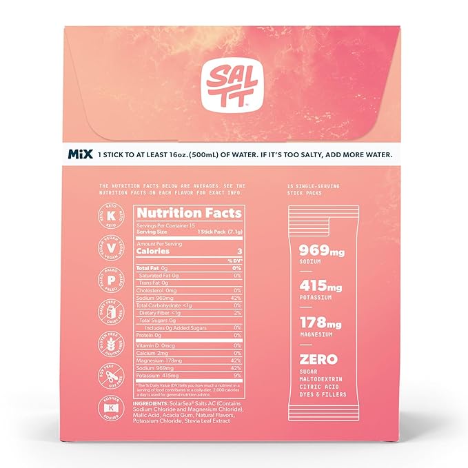 SALTT Electrolytes Powder Packets, Fruit Variety Pack (15 Packets) - Magnesium, Potassium, Sodium, Trace Minerals - Vegan & Gluten Free - Travel Essentials - Made in USA