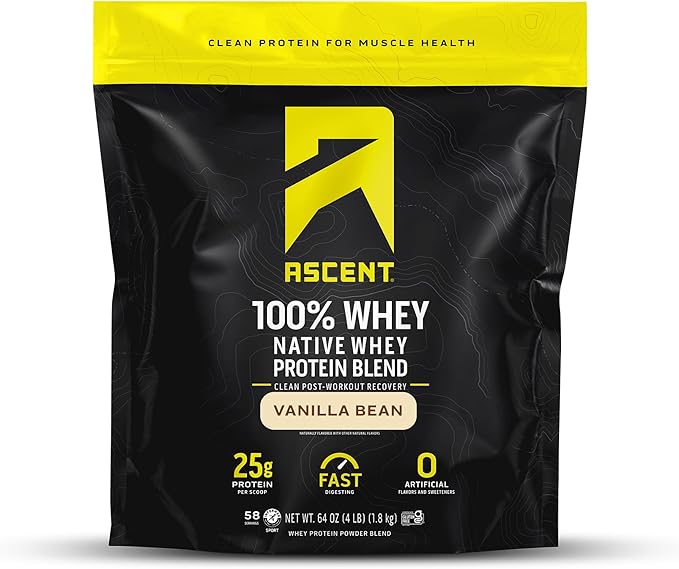 Ascent 100% Whey, Native Whey Protein Blend - Clean Post Workout Recovery, Digesting, Zero Artificial Flavors & Sweeteners, Gluten Free, 5.5g BCAA, 2.6g Leucine, Vanilla Bean 4 lb.