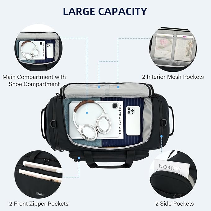 Large Travel Duffle Gym Bag with Shoe Compartment, Underseat Carry On Luggage Overnight Weekender Personal Item Workout Bags for Women Men (Black)