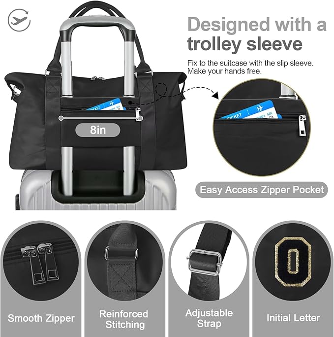 Dance Gym Duffel Bag for Teen Girls, Personalized Initial Travel Weekender Bag,Cute Overnight Carry On Duffle for Women,Sports Travel Cheer Bag,Monogram Christmas Gifts for Tween Preppy(black-O)