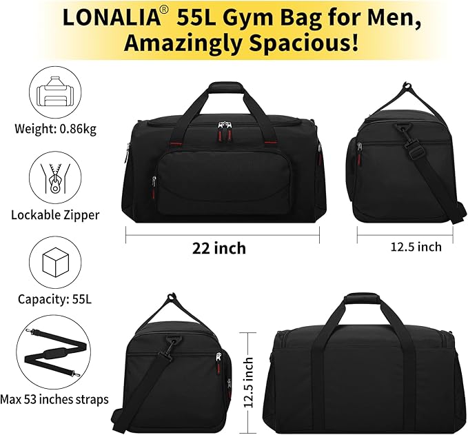 55L Sports Gym Duffle Bag for Men - 22 inch Large Duffel bag for Workout, Travel, Weekender, Fitness (Black)