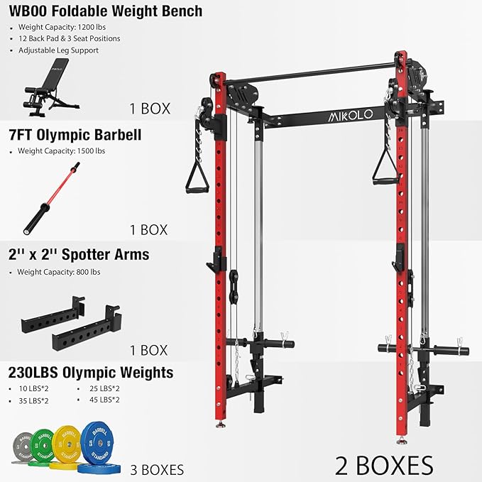 Mikolo Folding Squat Rack, Wall Mounted Power Rack with Cable Crossover Machine & LAT Pull Down, Functional Trainer with 5 Adjustable Function Modes, for Home Gym and Space Saving
