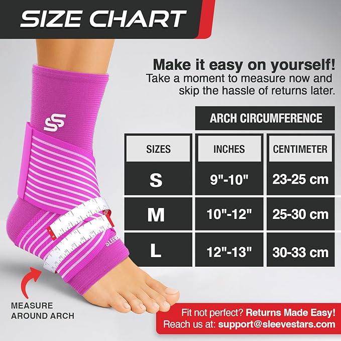 Sleeve Stars Ankle Brace for Women & Men, Ankle Wrap for Sprained, Compression Sleeve for Plantar Fasciitis Relief, Easy Customizable Support: w/ Removable Strap (Single/M:10"-12"/Hot Pink)
