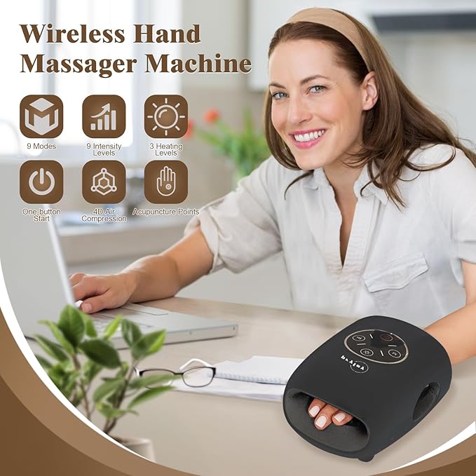 Hand Massager, 9 Modes 9 Intensities Hand Massage, Cordless Hand Massager for Arthritis and Carpal Tunnel, Gift for Men Women Parents Relaxation at Office,Black