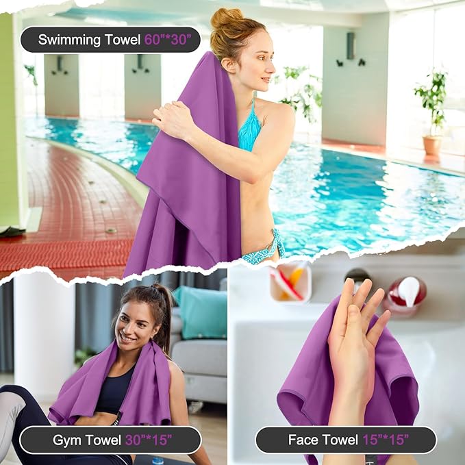 Quick Dry Travel Towel, 3 Sizes 1 Pack Camping Microfiber Towel, Lightweight Fast Drying Towels Set 60"x30", 30"x15", 15"x15" w/Bag for Gym, Beach, Hiking, Swimming, Purple
