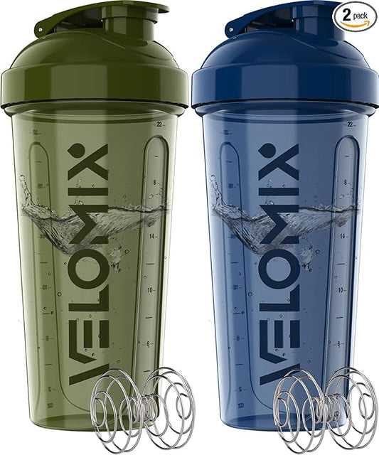 VELOMIX -2 Pack- 28 oz Protein Shaker Bottles for Protein Mixes - 2x Wire Whisk | Leak Proof Shaker Cups for Protein Shakes | Pre Workout Shaker Bottle | Shakers for Protein Shakes-Green&Blue