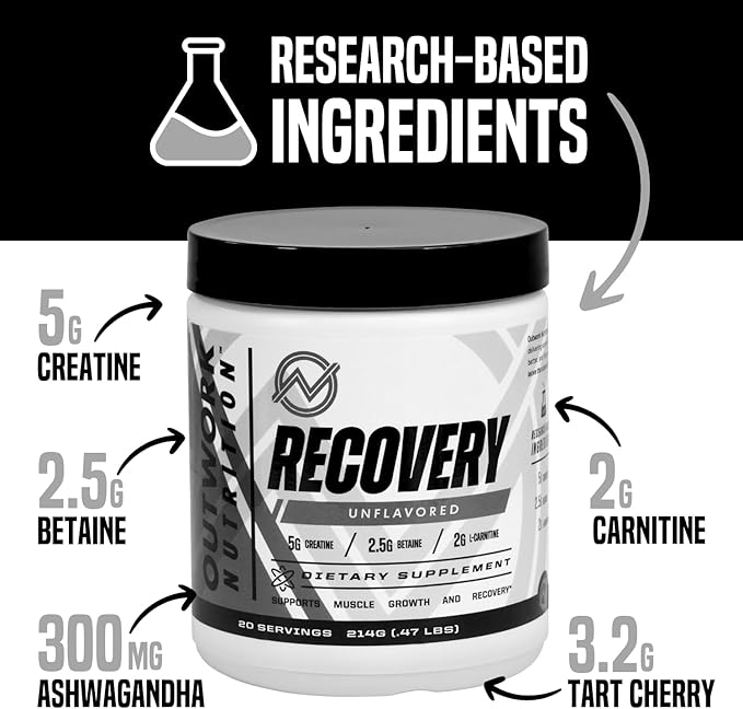 Outwork Nutrition Post Workout Recovery Powder - Creatine Monohydrate, KSM-66 Ashwagandha & Tart Cherry - Speeds Recovery, Eases Soreness - Creatine Powder for Men & Women, Unflavored, 240 Gr