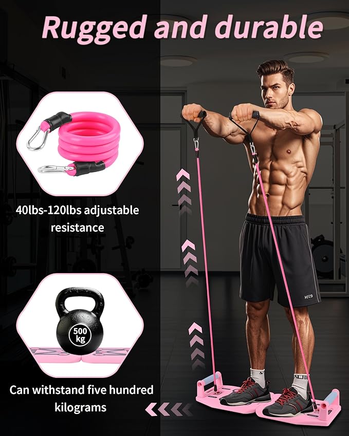 Home Gym Exercise Equipment - Portable Workout System 17 Fitness Accessories 9 in1 Push Up Board Set, Resistance Bands with Pilates Bar Strength Training Abs Shoulders