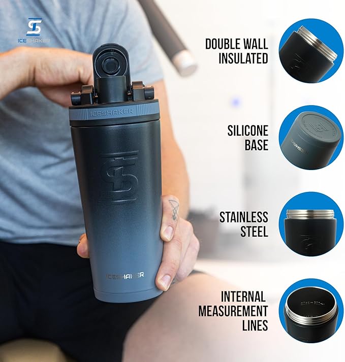Ice Shaker Insulated Stainless Steel Shaker Bottle | 26oz, Grey Color Rush | Cold for 24+ Hours | Insulated Cup with Twist-on Agitator | Odor-Free Bottle for Shakes, Water, Smoothies, Cocktails