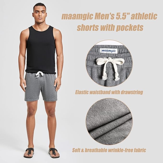 maamgic Mens Athletic Gym Shorts 5.5" Elastic Waist Casual Pajama Pocket Jogger Men Workout Short Pants