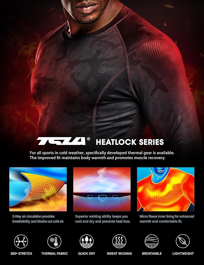 TSLA Men's Thermal Long Sleeve Compression Shirts, Athletic Base Layer Top, Winter Gear Running T-Shirt