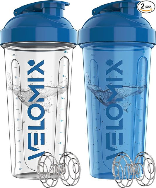 VELOMIX -2 Pack- 28 oz Protein Shaker Bottles for Protein Mixes - 2x Wire Whisk | Leak Proof Shaker Cups for Protein Shakes | Protein Shaker Bottle Pack | Shakers for Protein Shakes-Blue&Transparent