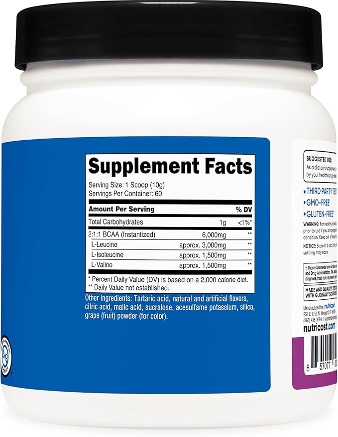 Nutricost BCAA Powder (Grape, 60 Servings) - Optimal 2:1:1 Ratio, Vegetarian Friendly, Non-GMO, Gluten Free