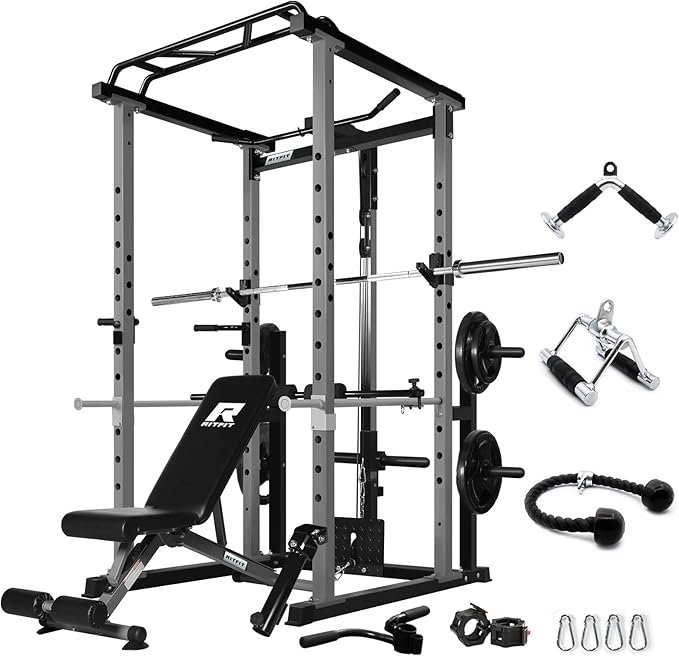 RitFit Power Cage with Optional LAT PullDown/Cable Crossover, 1000LB Squat Rack for Home & Garage Gym, with Weight Storage Rack and More Training Attachments, ASTM-Certified