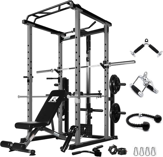 RitFit Power Cage with Optional LAT PullDown/Cable Crossover, 1000LB Squat Rack for Home & Garage Gym, with Weight Storage Rack and More Training Attachments, ASTM-Certified