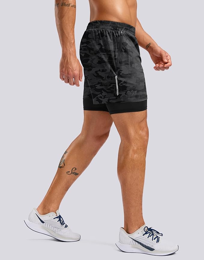 Pudolla Men's 7" Running Shorts with Zipper Pockets Quick Dry 2 in 1 Workout Gym Shorts with Liner for Tennis Yoga Training