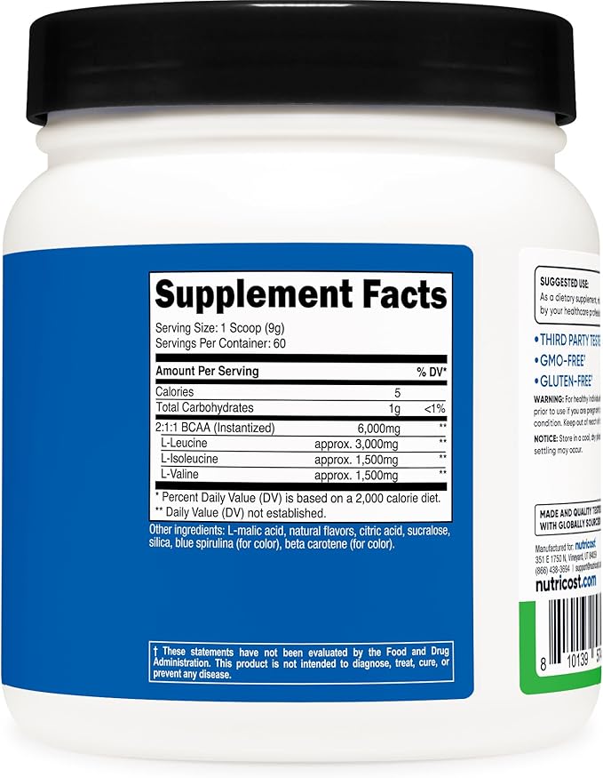 Nutricost BCAA Powder 2:1:1 (Green Apple, 60 Servings)