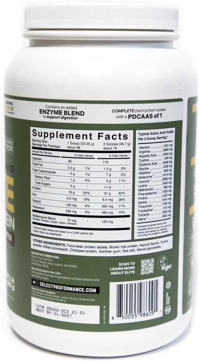 Silver Star Nutrition, Select Proformance Elite Vegan Plant Protein Powder, Chocolate Brownie Batter, NSF Certified, No Added Sugar, 16g of Protein per Serving, 38 Servings, 2 Lbs