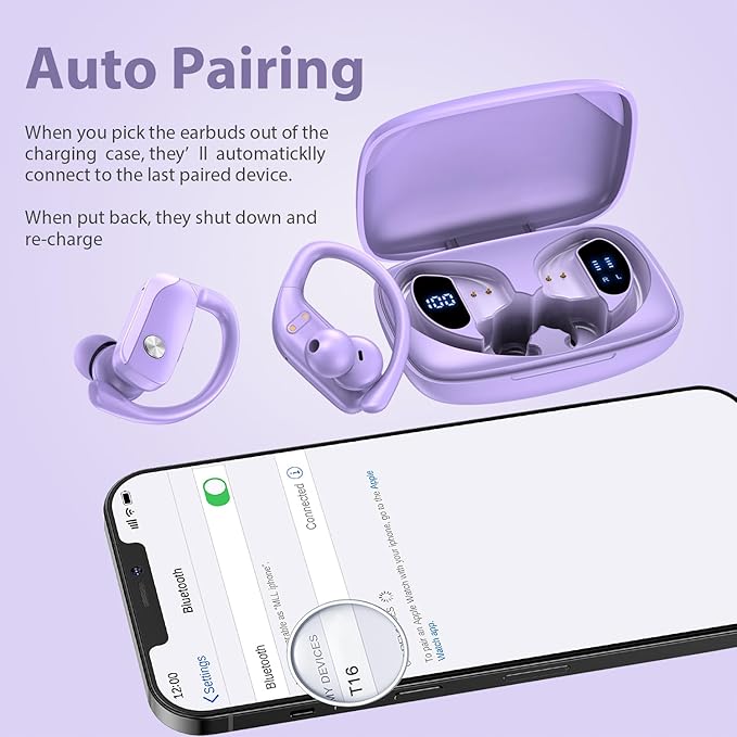 bmanl Wireless Earbuds Bluetooth Headphones 48hrs Play Back Sport Earphones with LED Display Over-Ear Buds with Earhooks Built-in Mic Headset for Workout Purple
