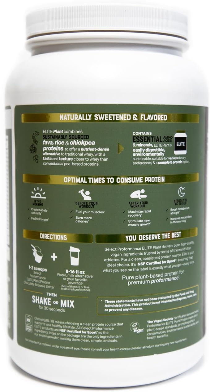 Silver Star Nutrition, Select Proformance Elite Vegan Plant Protein Powder, Chocolate Brownie Batter, NSF Certified, No Added Sugar, 16g of Protein per Serving, 38 Servings, 2 Lbs