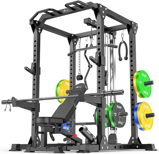 Power Cage Multi-Function Power Rack with Cable Crossover System,1800 LBS Capacity Squat Rack with Weight Bench,for Home Gym