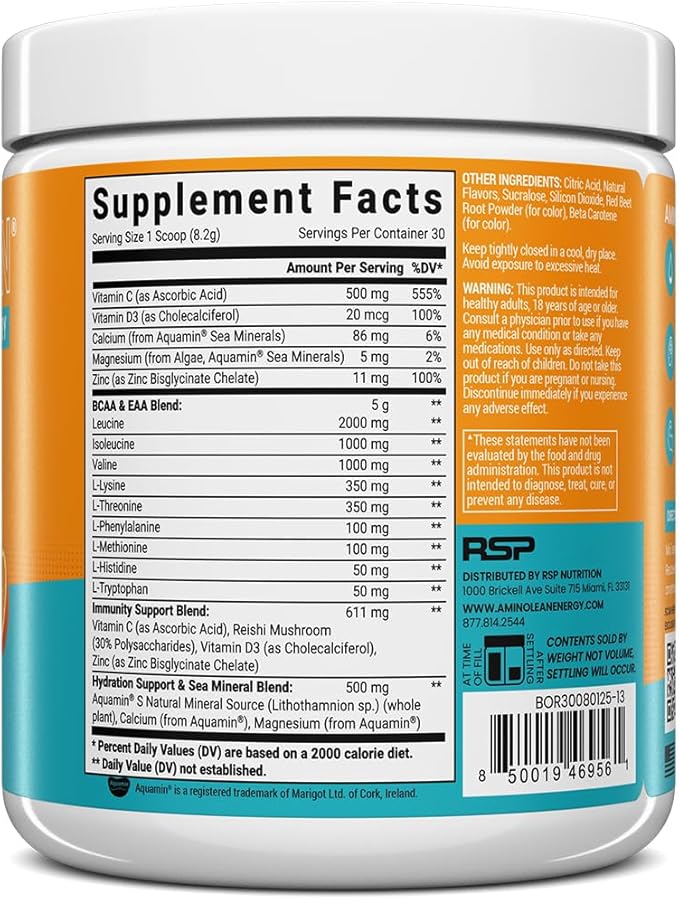 AminoLean Hydrating Electrolyte Powder and Recovery Drink with Sea Minerals, Nootropic Mushrooms, and Vegan Amino Acids, BCAAs + EAAs for Post Workout Muscle Building, Orange Splash