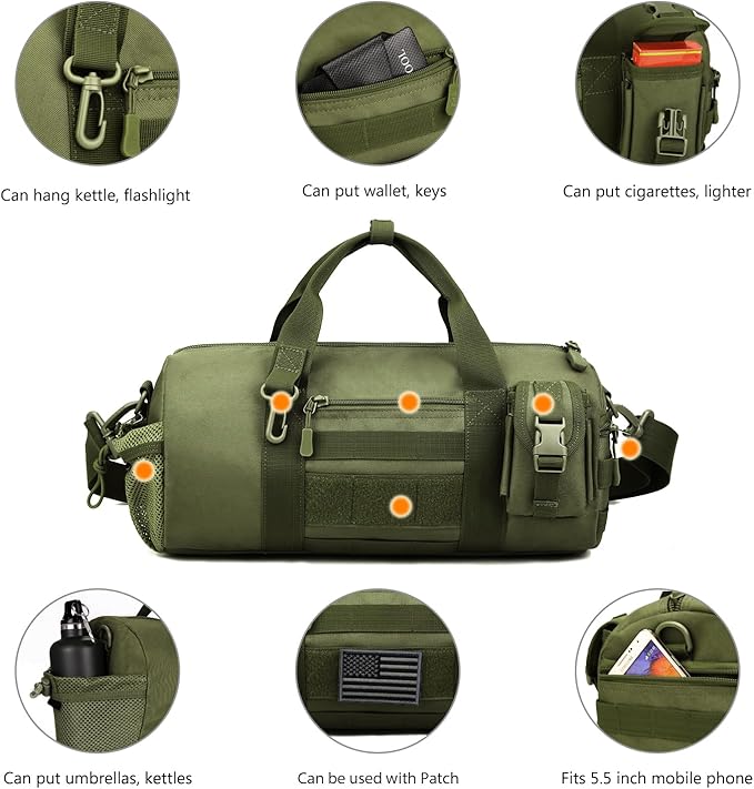 ArcEnCiel Small Tactical Duffle Bag Men Gym Pack Military Molle Shoulder Bags Shoes Storage Sports Handbag with Patch (Green)