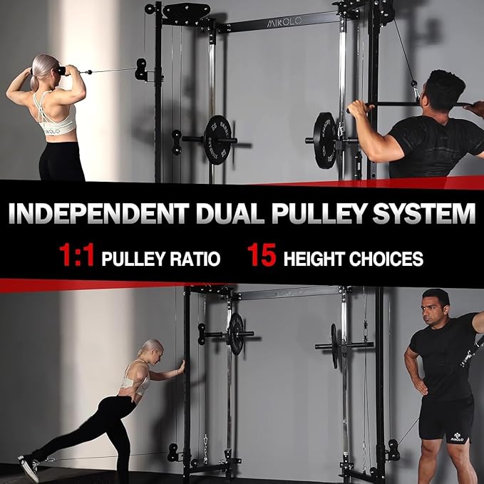 Mikolo Folding Squat Rack, Wall Mounted Power Rack with Cable Crossover Machine & LAT Pull Down, Functional Trainer with 5 Adjustable Function Modes, for Home Gym and Space Saving