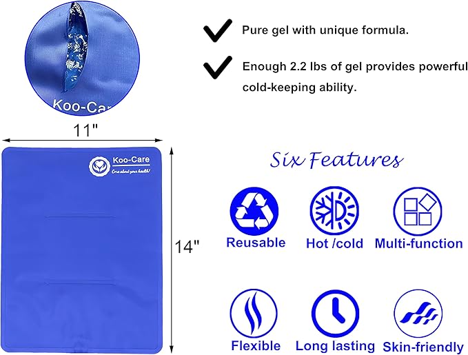 Koo-Care 2 Large Gel Ice Packs for Injuries Reusable Hot Cold Pack Wrap with Strap - Flexible Cold Compress for Shoulder Rotator Cuff, Hip, Knee Replacement Pain Relief Post-Surgery Recovery 11" x 14"