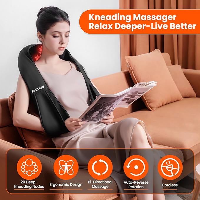 AMZPONY® Cordless Neck Massager for Pain Relief Deep Tissue, Rechargeable Shiatsu Neck and Back Massager with Heat Kneading Shoulder Massage for Body Muscle Pain Relief,Gifts for Dad Mom Friends
